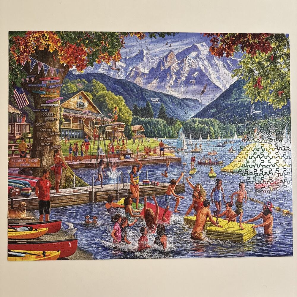 SUMMER CAMP 1000 pc Jigsaw Puzzle WHITE MOUNTAIN Complete Poster Lake Mountain